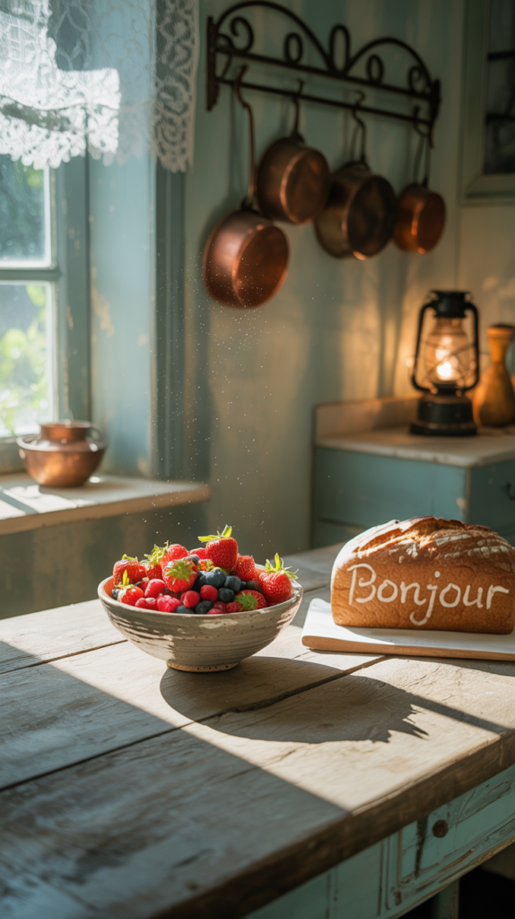 A cozy French country kitchen, bathed in the warm glow of vintage-inspired lighting. Soft, golden sconces cast a gentle illumination across the rustic wooden cabinets and exposed beams. A large, pendant chandelier with wrought-iron accents hangs over a farmhouse-style dining table, its amber-tinted bulbs reflecting off the glossy tile floor. The space is filled with a welcoming, intimate atmosphere, perfect for a leisurely meal or casual gathering. The lighting creates a harmonious balance, highlighting the kitchen's charming, old-world character while maintaining a inviting, homely ambiance. A photograph of a weathered wooden table set for a simple breakfast in a sun-drenched French country kitchen. A single, hand-thrown ceramic bowl overflows with vibrant red strawberries, blueberries, and raspberries, centered on the table alongside a rustic loaf of crusty bread displaying "Bonjour" in charming white chalk lettering. Sunlight streams through a lace-curtained window, illuminating dust motes dancing above a collection of antique copper pots hanging from a wrought-iron rack and casting warm shadows on the pale blue walls. A vintage lantern glows softly in the background, contributing to the room's cozy and inviting atmosphere.