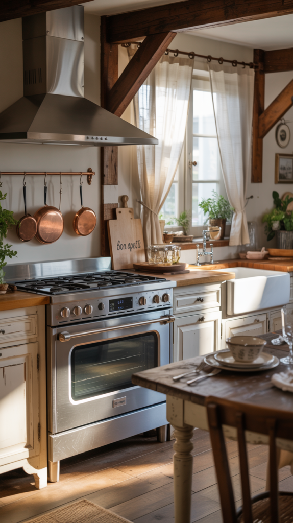 A charming French country kitchen, sun-dappled and brimming with rustic elegance. In the foreground, sleek modern appliances - a gleaming stainless steel range, a state-of-the-art refrigerator, and a high-tech espresso machine - seamlessly blending into the surrounding farmhouse-inspired decor. Exposed beams, whitewashed cabinetry, and a weathered wood dining table create a cozy, inviting atmosphere. Soft natural light filters in through lacy curtains, casting a warm glow over the scene. Vintage accents, such as a copper pot rack and a farmhouse-style sink, lend an authentic touch. The overall effect is a harmonious fusion of old-world charm and modern convenience, reflecting the perfect balance of a rustic French cottage and a contemporary lifestyle. charming French country kitchen, sun-dappled and brimming with rustic elegance. In the foreground, sleek modern appliances - a gleaming stainless steel range, a state-of-the-art refrigerator, and a high-tech espresso machine - seamlessly blending into the surrounding farmhouse-inspired decor. Exposed beams, whitewashed cabinetry, and a weathered wood dining table create a cozy, inviting atmosphere. Soft natural light filters in through lacy curtains, casting a warm glow over the scene. Vintage accents, such as a copper pot rack and a farmhouse-style sink, lend an authentic touch. The overall effect is a harmonious fusion of old-world charm and modern convenience, reflecting the perfect balance of a rustic French cottage and a contemporary lifestyle.