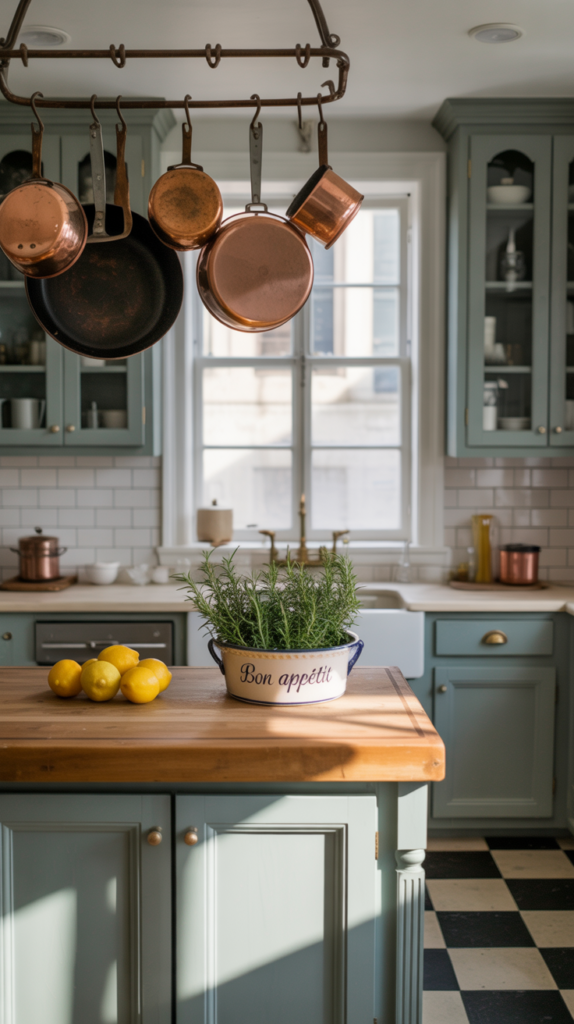 A vintage-inspired modern kitchen with a French cottage flair. A warm, sun-dappled interior with a timeless yet refined aesthetic. Elegant shaker-style cabinets in a soft, muted blue-grey paint, accented by brass hardware and fixtures. Crisp white subway tile backsplash and a classic black and white checkered floor tile pattern. A large, double-hung window floods the space with natural light, casting a gentle glow on the aged butcher block countertops. Vintage-inspired pendant lights hang overhead, their antique brass finish complementing the worn wood accents. The scene evokes a harmonious blend of old-world charm and contemporary design elements. A vintage-inspired modern kitchen with a French cottage flair. A warm, sun-dappled interior with a timeless yet refined aesthetic. Elegant shaker-style cabinets in a soft, muted blue-grey paint, accented by brass hardware and fixtures. Crisp white subway tile backsplash and a classic black and white checkered floor tile pattern. A large, double-hung window floods the space with natural light, casting a gentle glow on the aged butcher block countertops. Vintage-inspired pendant lights hang overhead, their antique brass finish complementing the worn wood accents. The scene evokes a harmonious blend of old-world charm and contemporary design elements.