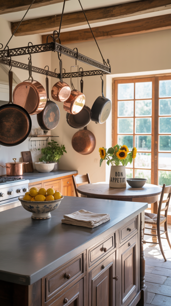Spacious French farmhouse kitchen with a large wooden island, stone countertop, and hanging copper pots