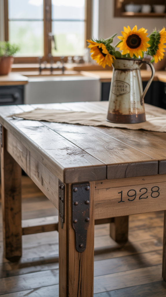 Reclaimed wood French farmhouse kitchen island with vintage details