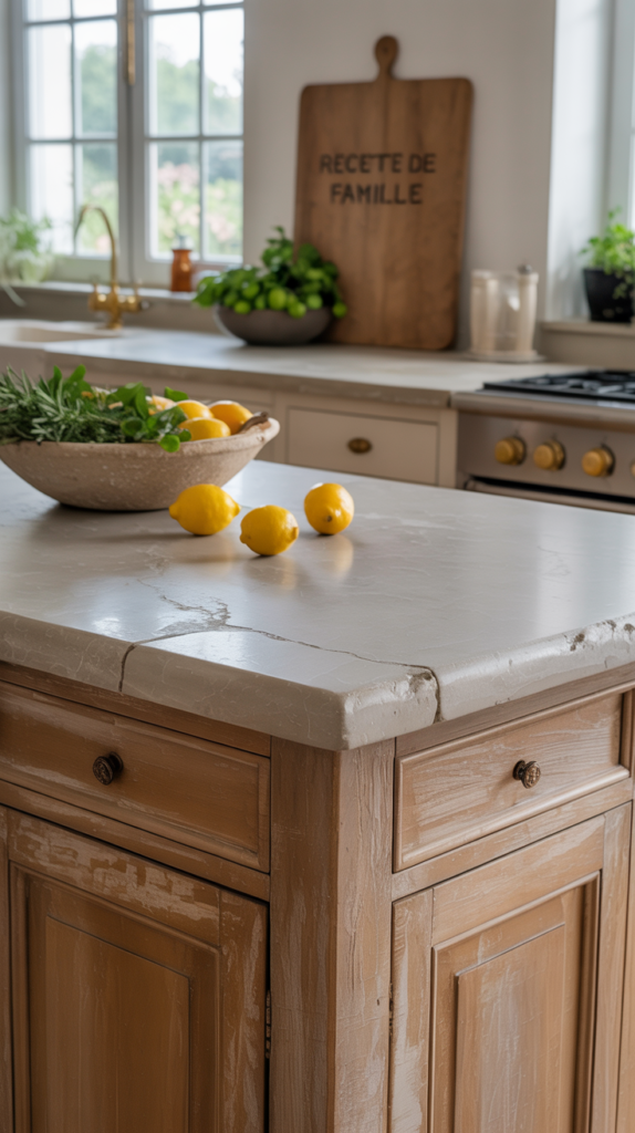 French farmhouse kitchen island with limestone countertop and wooden base