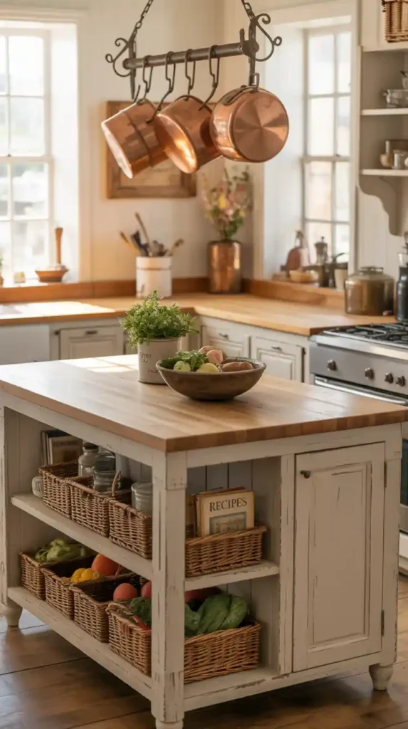 French farmhouse kitchen island with open shelving and woven baskets
