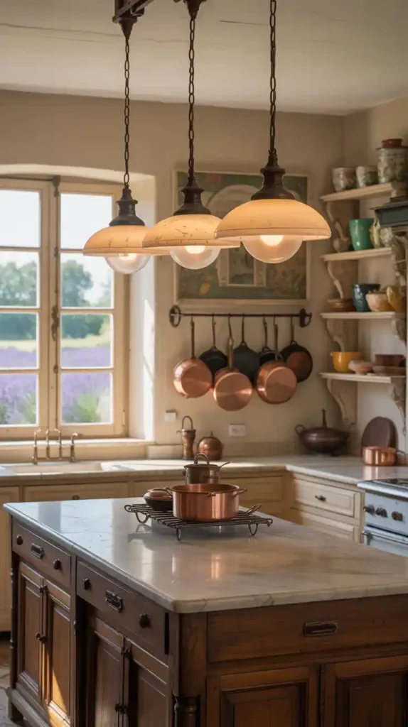 French farmhouse kitchen with vintage pendant lights above island