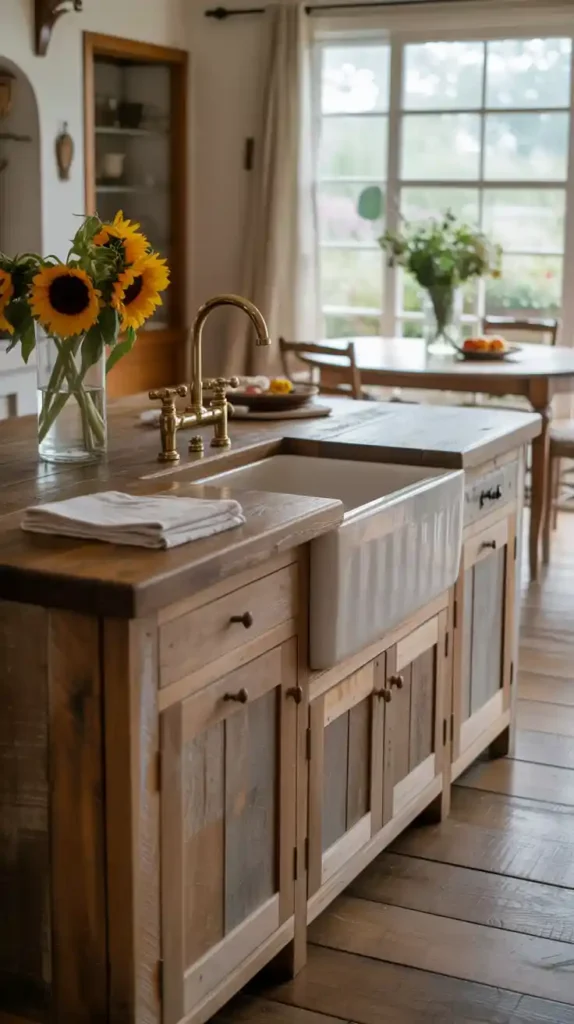 French farmhouse kitchen island with integrated white ceramic farmhouse sink