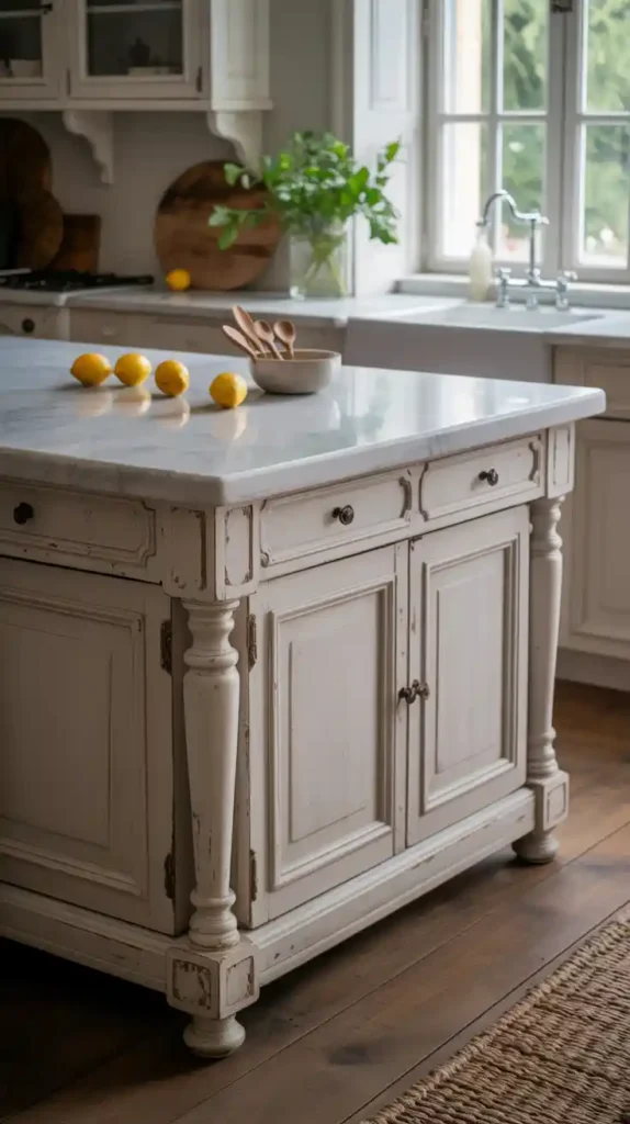 French farmhouse kitchen island with furniture-style details and turned legs