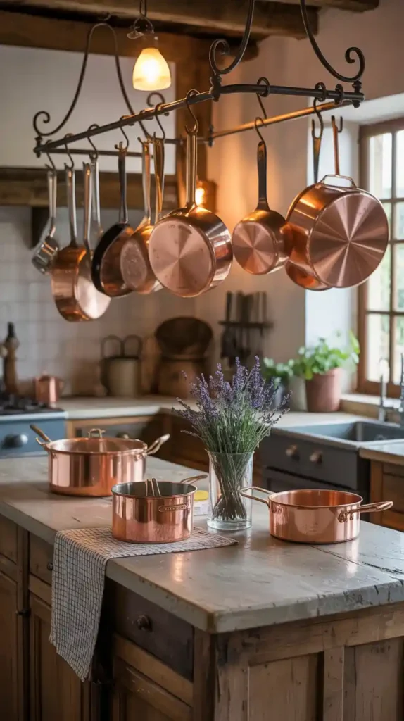 French farmhouse kitchen island with hanging copper cookware display