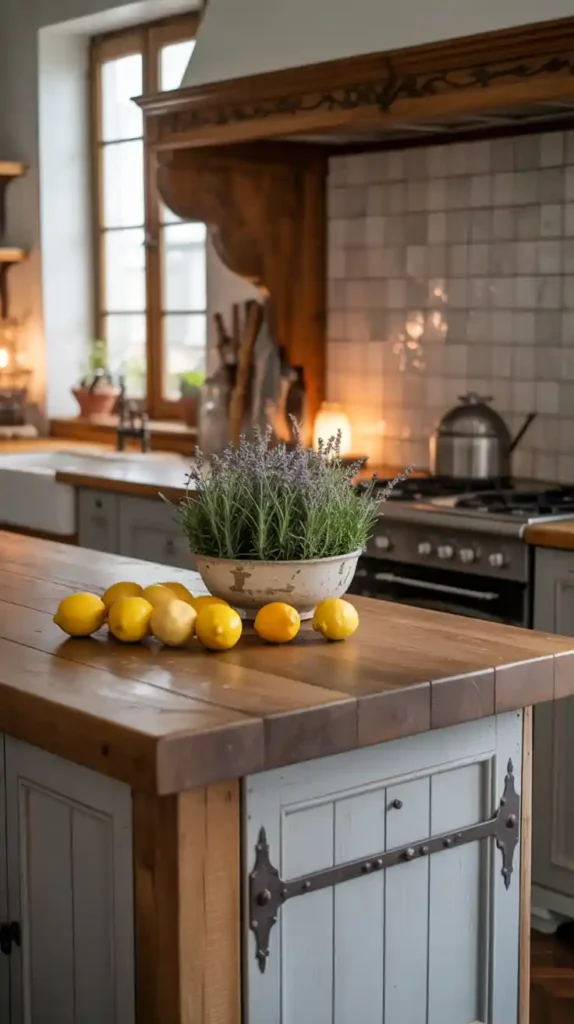 French farmhouse kitchen island with mixed materials including wood, stone, and metal