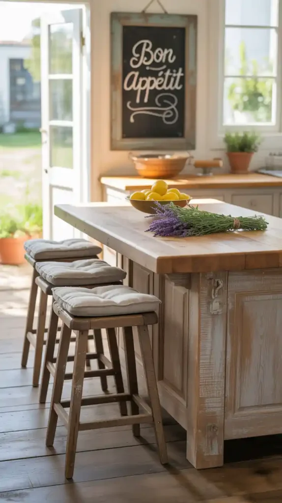 French farmhouse kitchen island with comfortable seating including wooden stools with linen cushions