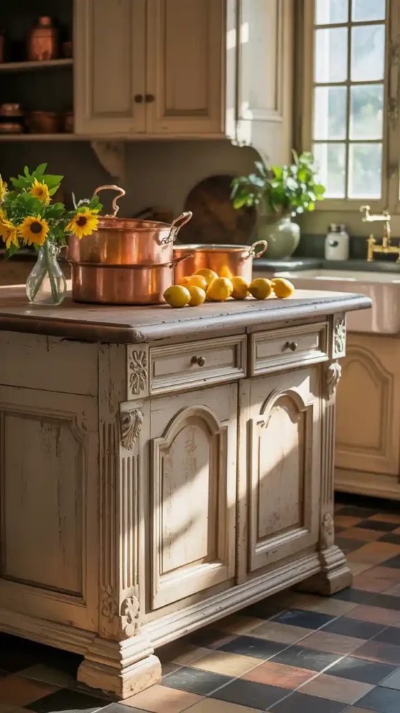 French farmhouse kitchen island with decorative molding and carved details