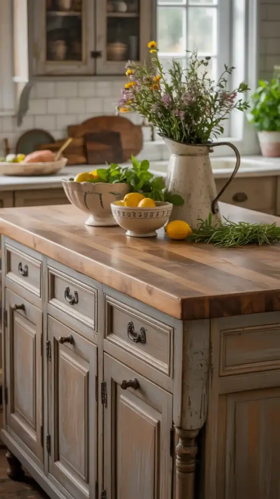 French farmhouse kitchen island with antique brass and iron hardware