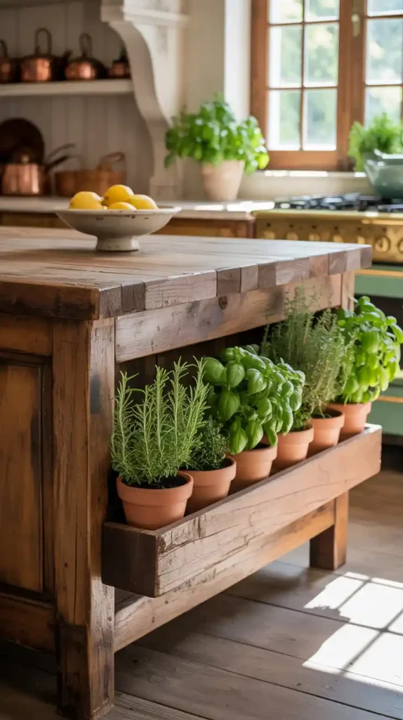 A photograph of a rustic French farmhouse kitchen island crafted from reclaimed wood. The island showcases a vibrant, built-in herb garden featuring terracotta pots filled with rosemary, thyme, and basil, neatly arranged along one side. Sunlight streams in through a nearby window, illuminating the textured wood grain and the lush greenery while a simple ceramic bowl filled with lemons sits on the island's countertop. In the background, a glimpse of a vintage-style range and open shelving with copper pots add to the warm, inviting atmosphere.