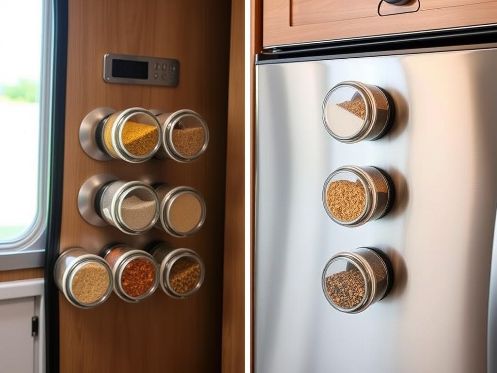 Magnetic spice containers attached to metal surface in small camper kitchen Magnetic spice containers attached to metal surface in small camper kitchen