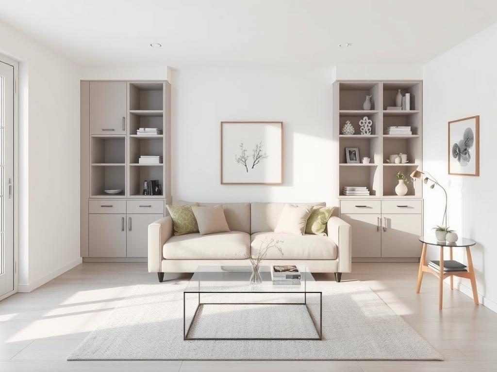 Minimalist small living room with clever hidden storage and clean surfaces Minimalist small living room with clever hidden storage and clean surfaces