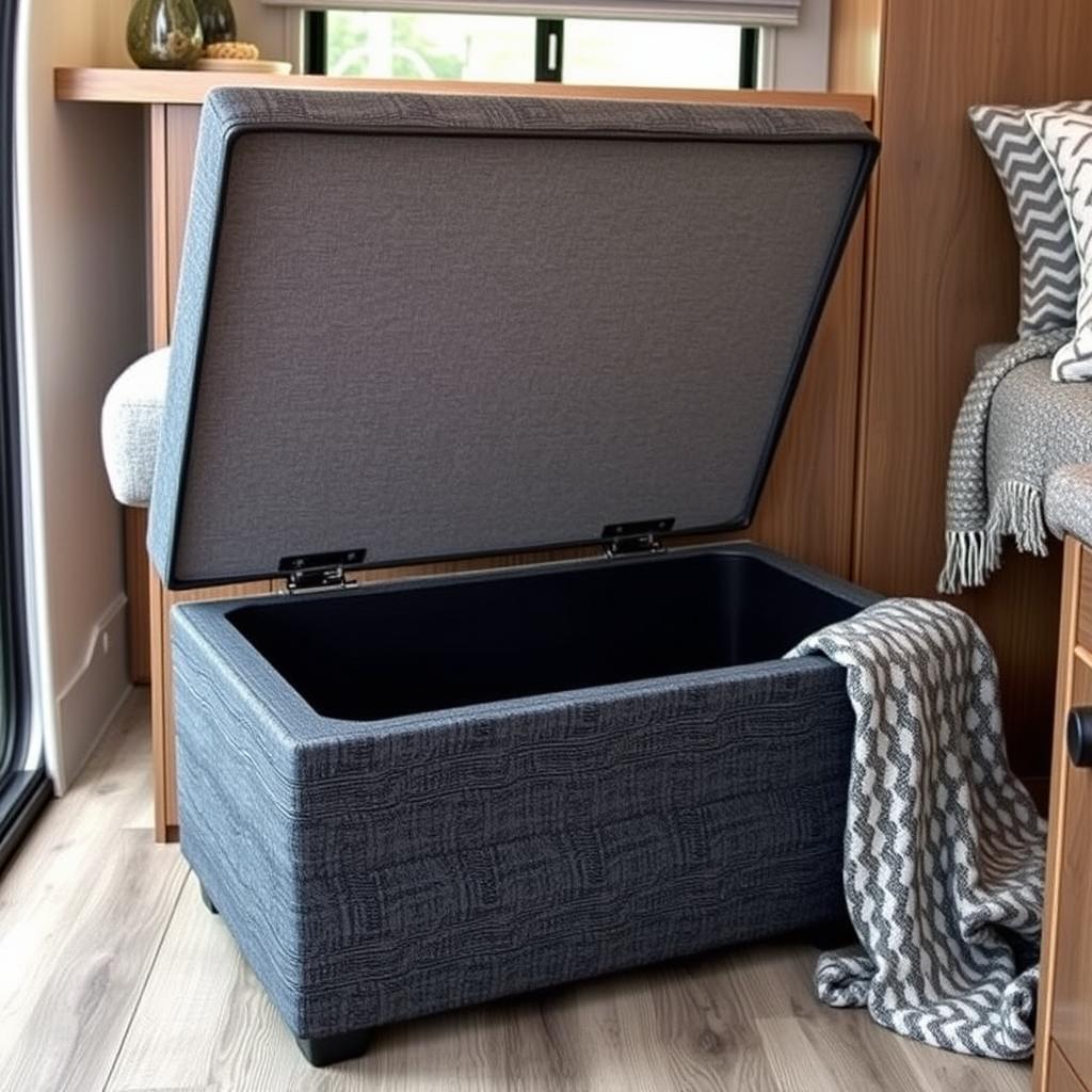 Multi-functional ottoman with storage in a stylish camper interior Multi-functional ottoman with storage in a stylish camper interior