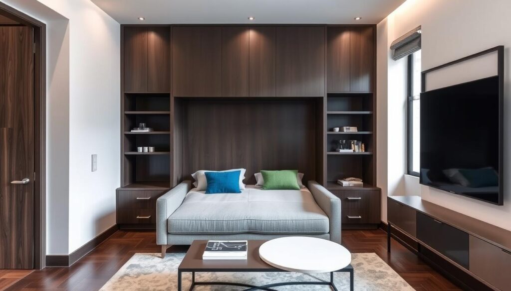 Murphy bed folded into wall cabinet in a studio apartment Murphy bed folded into wall cabinet in a studio apartment