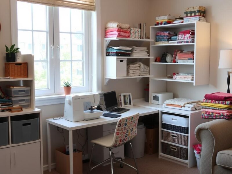 Organized small sewing space with compact projects and smart storage solutions
