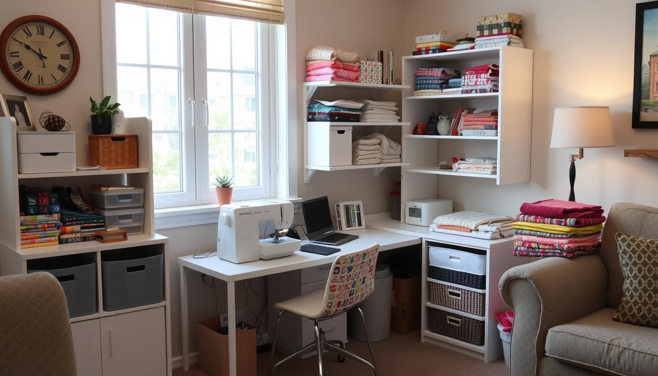 Organized small sewing space with compact projects and smart storage solutions