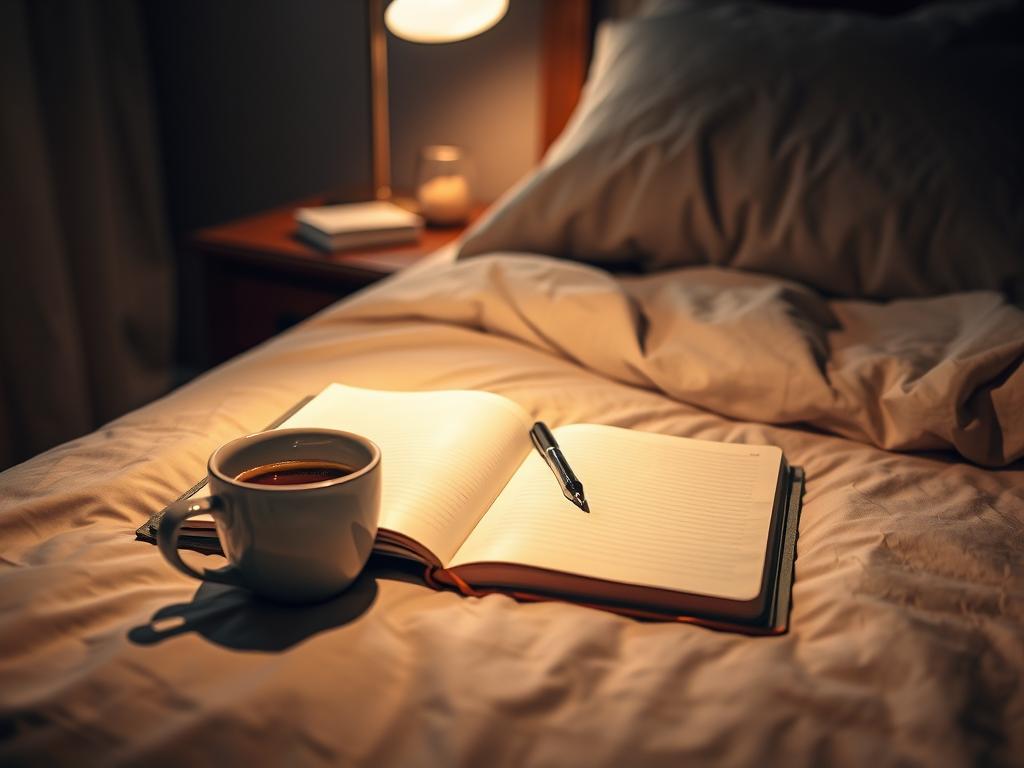 Peaceful bedroom setup with journal and tea for evening self-care routine Peaceful bedroom setup with journal and tea for evening self-care routine