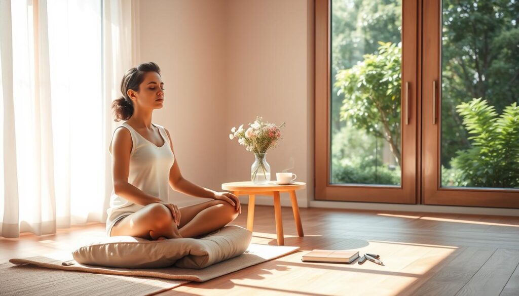 Prompt A serene and minimalist home setting, flooded with warm, natural light. In the foreground, a person sits cross-legged on a plush meditation cushion, eyes closed, hands resting gently on their lap, embodying a sense of tranquility and focused presence. The middle ground features a small wooden table adorned with a simple vase of fresh flowers, a cup of steaming tea, and a journal with a pen nearby, symbolizing mindful practices. The background showcases a large window overlooking a lush, green outdoor scene, creating a calming, nature-inspired atmosphere. The overall composition conveys a harmonious balance, encouraging a fresh start through a grounded, meditative routine. Prompt A serene and minimalist home setting, flooded with warm, natural light. In the foreground, a person sits cross-legged on a plush meditation cushion, eyes closed, hands resting gently on their lap, embodying a sense of tranquility and focused presence. The middle ground features a small wooden table adorned with a simple vase of fresh flowers, a cup of steaming tea, and a journal with a pen nearby, symbolizing mindful practices. The background showcases a large window overlooking a lush, green outdoor scene, creating a calming, nature-inspired atmosphere. The overall composition conveys a harmonious balance, encouraging a fresh start through a grounded, meditative routine.