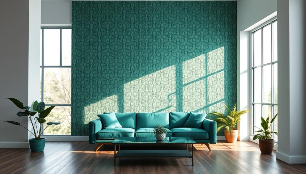Prompt A spacious and inviting interior with a striking accent wall featuring intricate architectural patterns in shades of emerald and jade. The wall is illuminated by soft, natural lighting filtering through large windows, creating a tranquil and serene atmosphere. In the foreground, a mid-century modern sofa in a complementary hue of teal nestles against the textured wall, while a sleek coffee table and potted plants add touches of greenery. The overall composition exudes a sense of balance, harmony, and a touch of elegance, perfectly capturing the essence of the "Accent Walls and Colour Blocking Techniques" section.