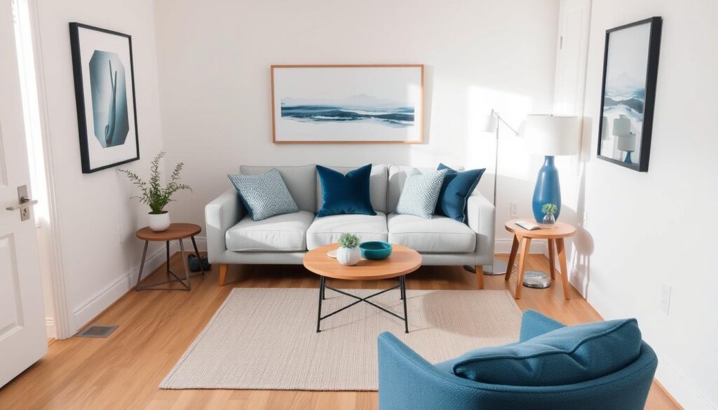 Small living room with a cohesive color palette and strategic accent colors Small living room with a cohesive color palette and strategic accent colors