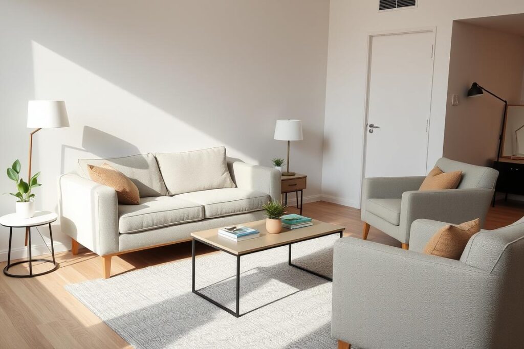 Small living room with appropriately scaled furniture including apartment-sized sofa and slim coffee table Small living room with appropriately scaled furniture including apartment-sized sofa and slim coffee table