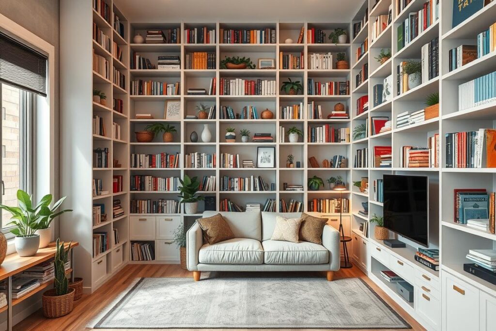 Small living room with floor-to-ceiling bookshelves and vertical storage solutions Small living room with floor-to-ceiling bookshelves and vertical storage solutions