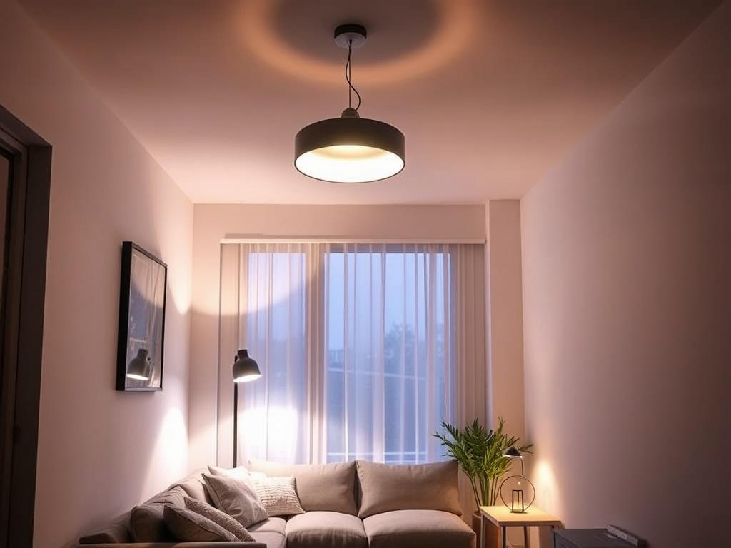 Small living room with layered lighting including ceiling fixture, floor lamp, and table lamp Small living room with layered lighting including ceiling fixture, floor lamp, and table lamp