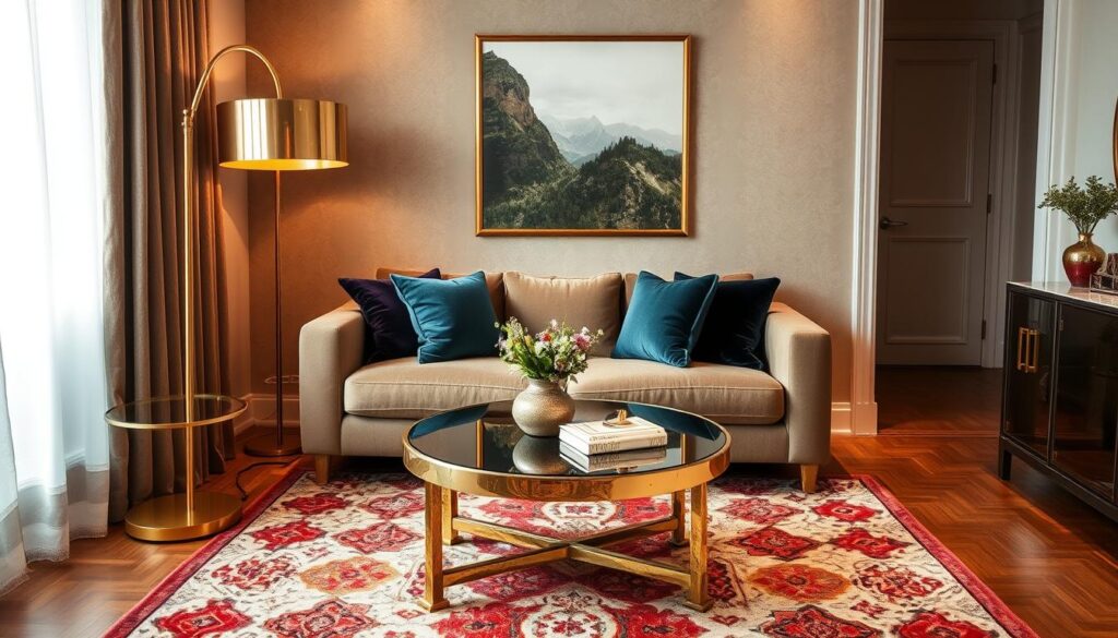 Small living room with luxurious textures, metallic accents, and a statement rug Small living room with luxurious textures, metallic accents, and a statement rug