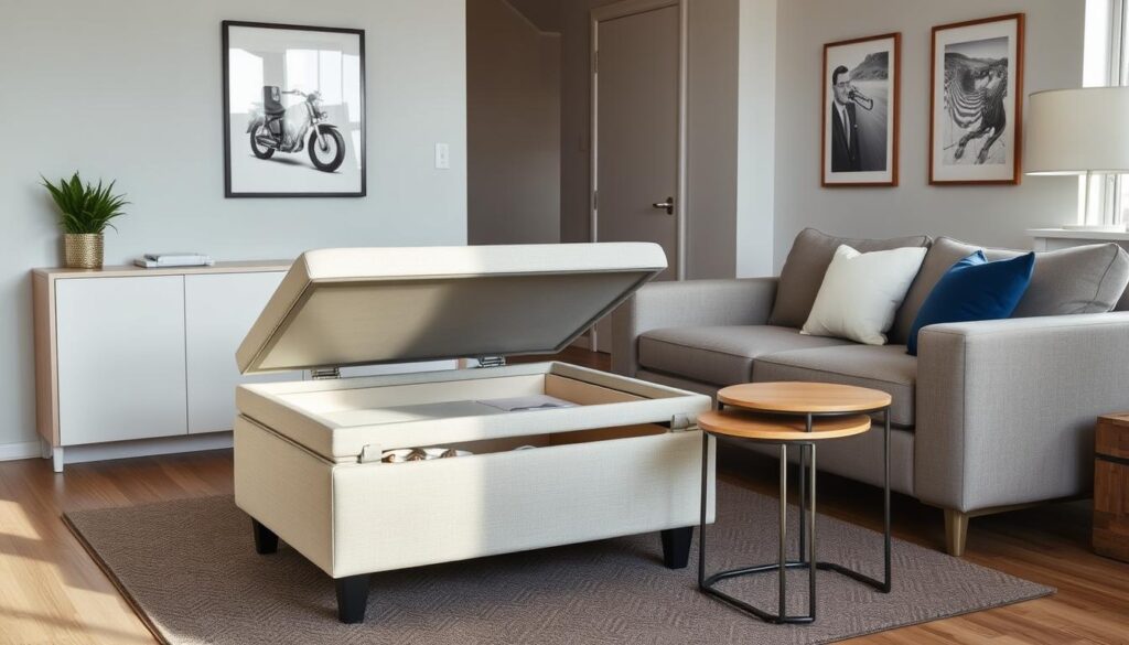 Small living room with multifunctional furniture including storage ottoman and nesting tables Small living room with multifunctional furniture including storage ottoman and nesting tables