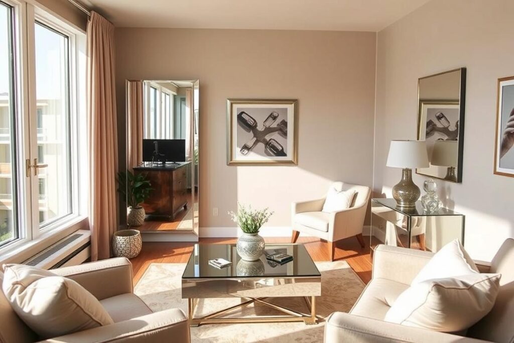 Small living room with strategically placed mirrors creating the illusion of more space Small living room with strategically placed mirrors creating the illusion of more space