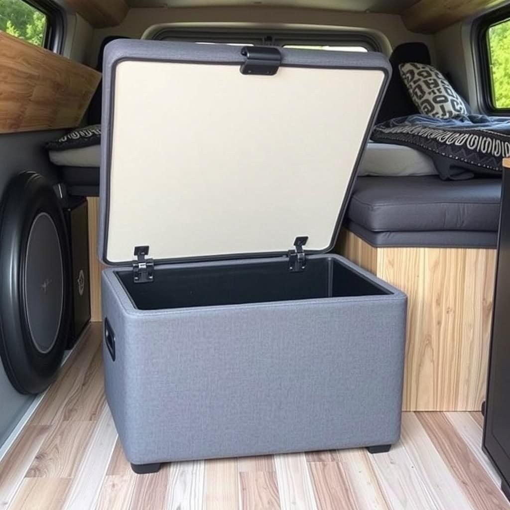 Storage ottoman for small camper interior furniture with multiple functions Storage ottoman for small camper interior furniture with multiple functions