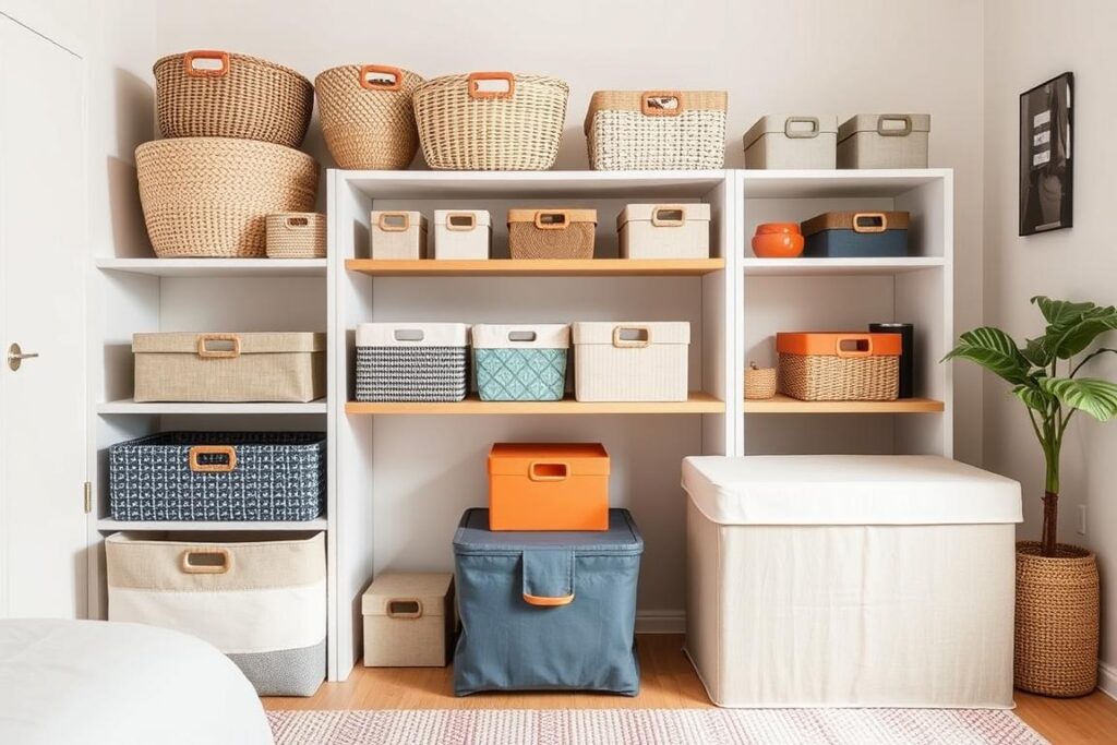 Studio apartment with cohesive color scheme and matching storage Studio apartment with cohesive color scheme and matching storage