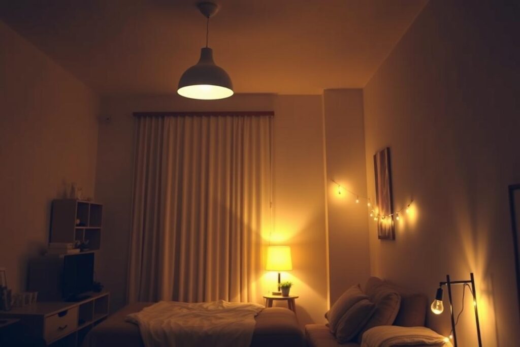 Studio apartment with layered lighting creating ambiance Studio apartment with layered lighting creating ambiance