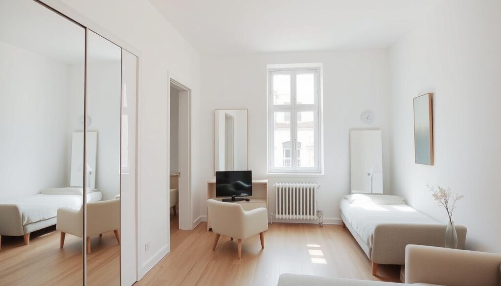 Studio apartment with strategically placed mirrors to create depth Studio apartment with strategically placed mirrors to create depth