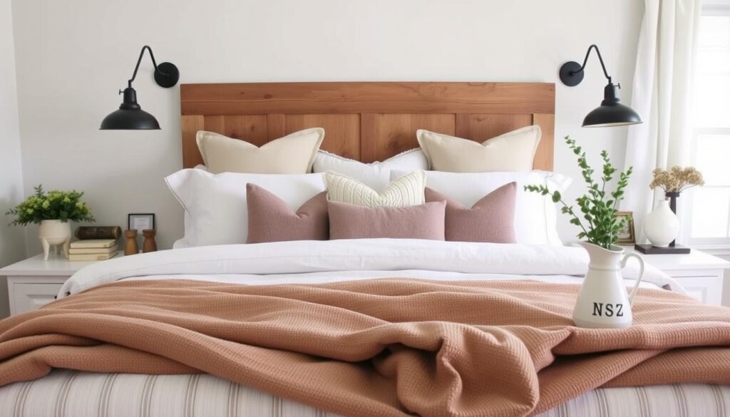 Styled farmhouse bedroom with DIY headboard, neutral bedding, and vintage accessories Styled farmhouse bedroom with DIY headboard, neutral bedding, and vintage accessories