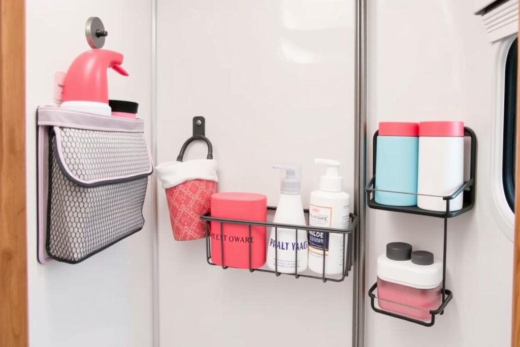 Stylish bathroom organizers in a compact camper bathroom Stylish bathroom organizers in a compact camper bathroom