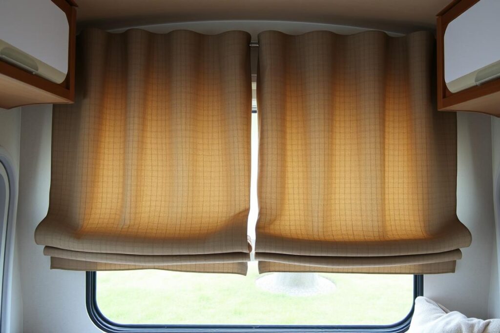 Stylish blackout curtains in a camper providing privacy and light control Stylish blackout curtains in a camper providing privacy and light control