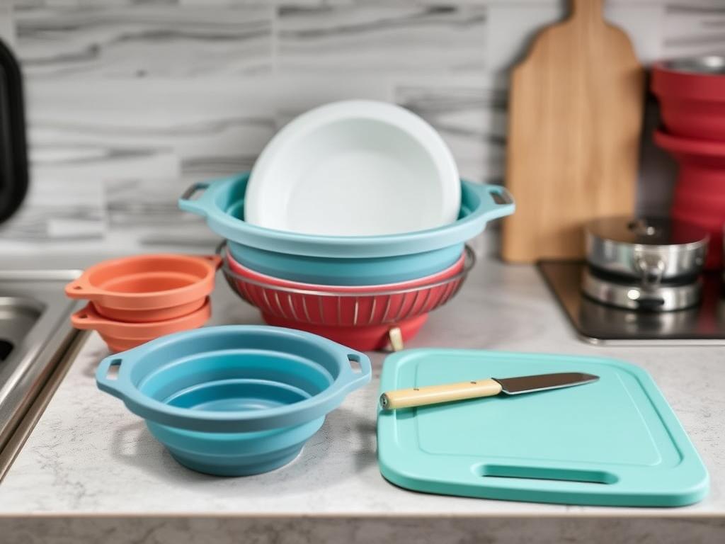 Stylish collapsible kitchen accessories in a camper kitchen Stylish collapsible kitchen accessories in a camper kitchen