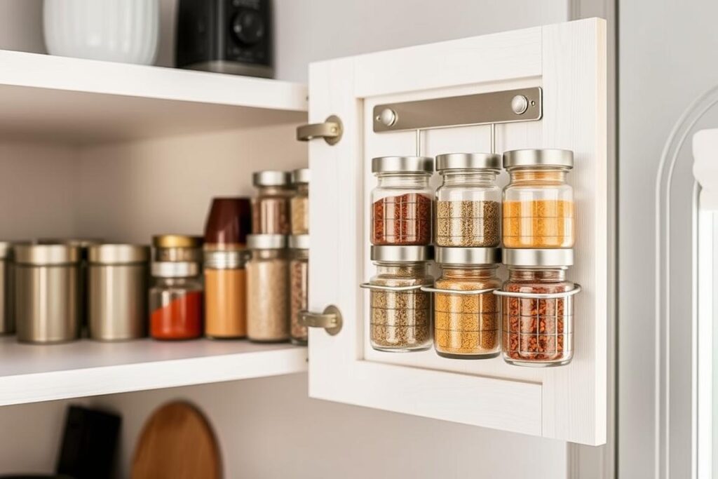 Stylish magnetic spice rack mounted inside a camper kitchen cabinet Stylish magnetic spice rack mounted inside a camper kitchen cabinet