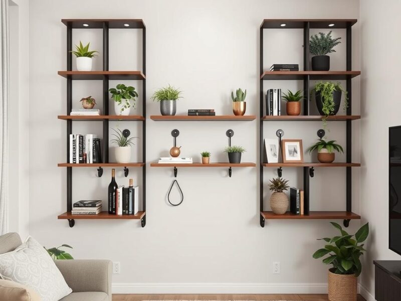 Stylish wall-mounted storage system with floating shelves and hooks in a small apartment living room