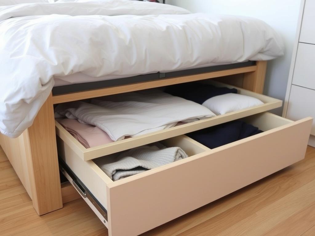 Under-bed storage drawers in a studio apartment bedroom area Under-bed storage drawers in a studio apartment bedroom area