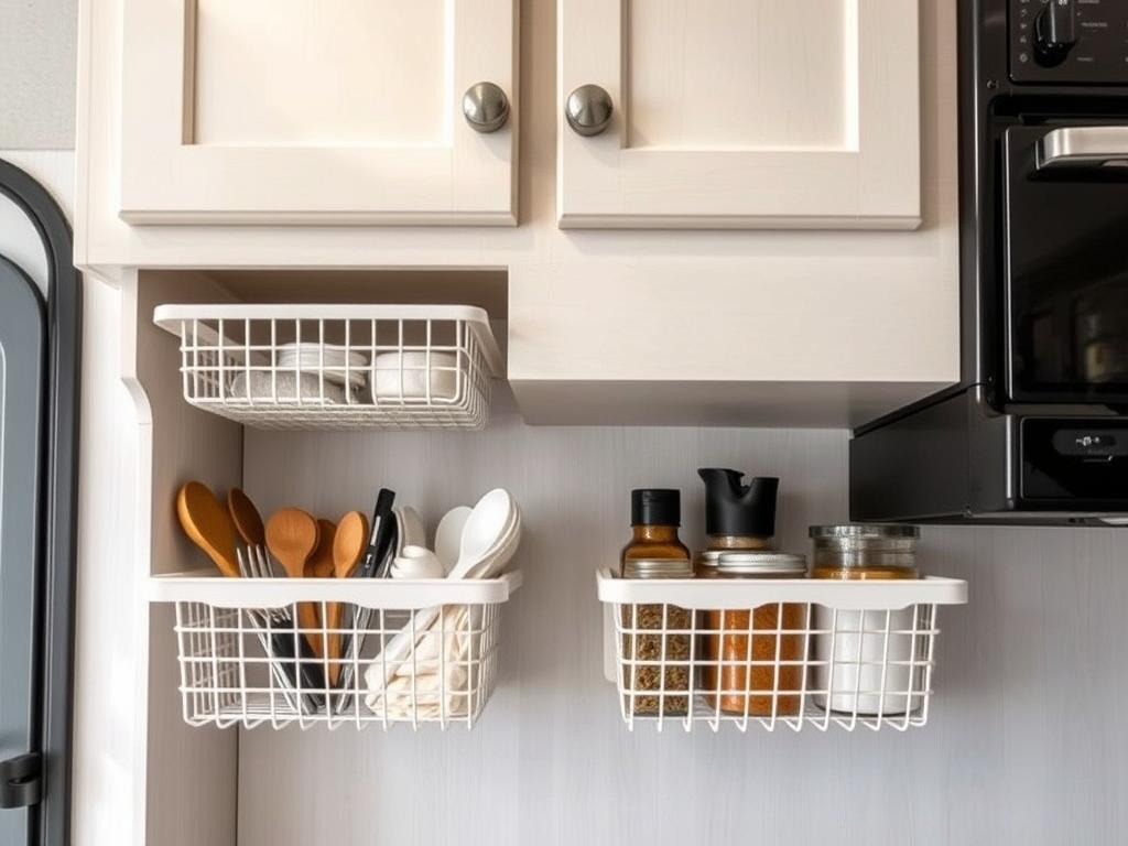 Under-cabinet storage baskets for small camper interior organization Under-cabinet storage baskets for small camper interior organization