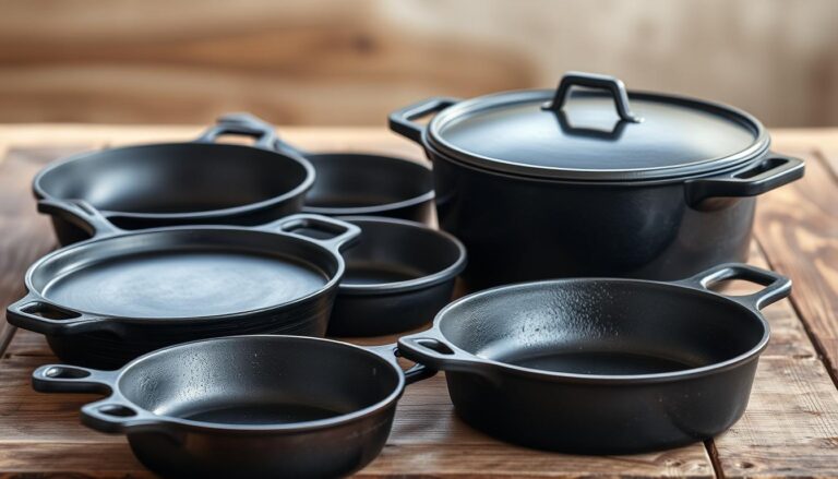 Various pieces of cast iron cookware including skillets and a dutch oven arranged on a wooden surface