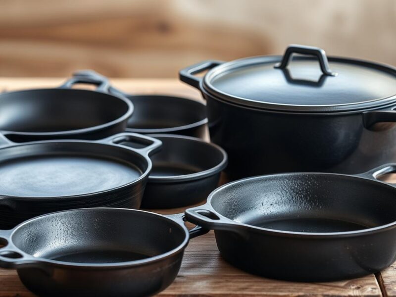 Various pieces of cast iron cookware including skillets and a dutch oven arranged on a wooden surface