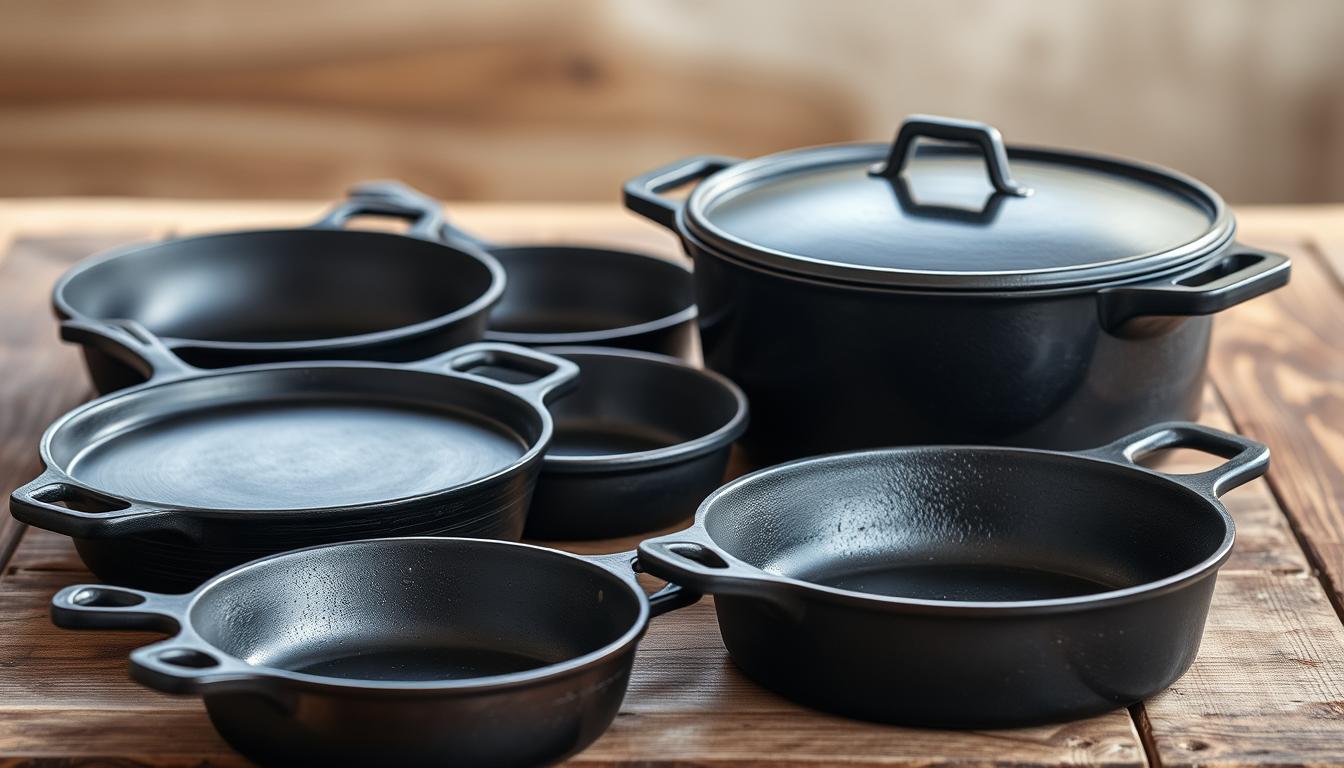 Various pieces of cast iron cookware including skillets and a dutch oven arranged on a wooden surface