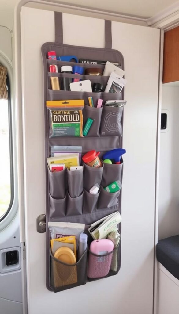 Vertical hanging organizer with multiple pockets for small camper storage Vertical hanging organizer with multiple pockets for small camper storage