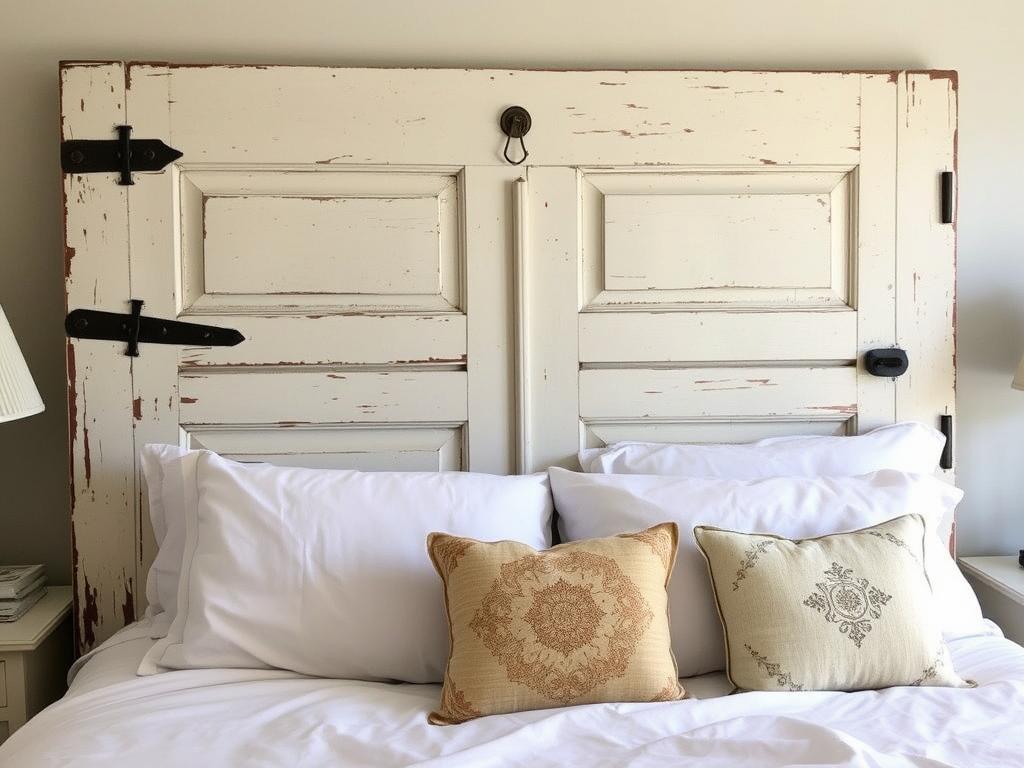 Vintage door repurposed as farmhouse headboard with original hardware Vintage door repurposed as farmhouse headboard with original hardware