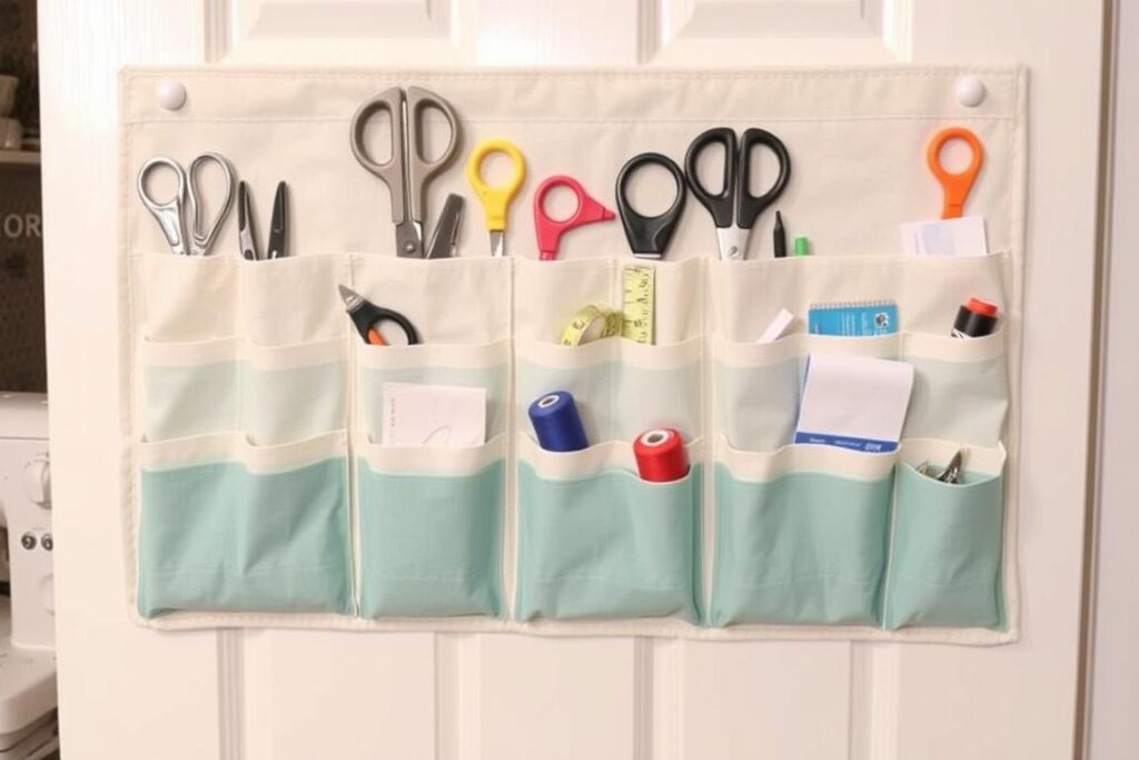 Wall-mounted fabric pocket organizer for sewing supplies in small spaces Wall-mounted fabric pocket organizer for sewing supplies in small spaces